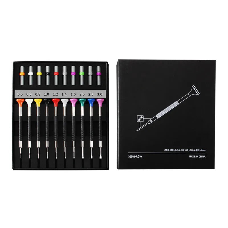 10-piece manual screwdriver set for watch and glasses repair with spare drill bits.