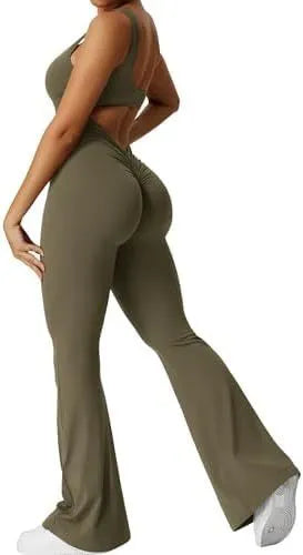 Women's sleeveless flare jumpsuit in high elasticity polyester for yoga, available in multiple colours and sizes.