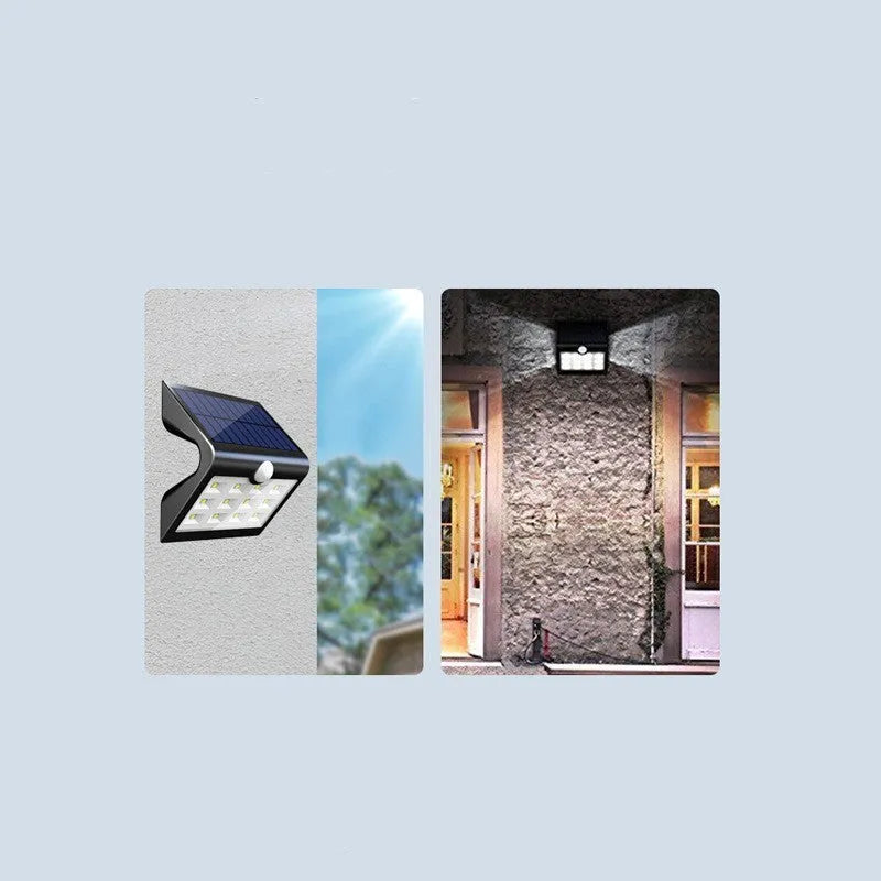 Outdoor solar wall light with motion sensor and IP65 waterproof rating for garden lighting