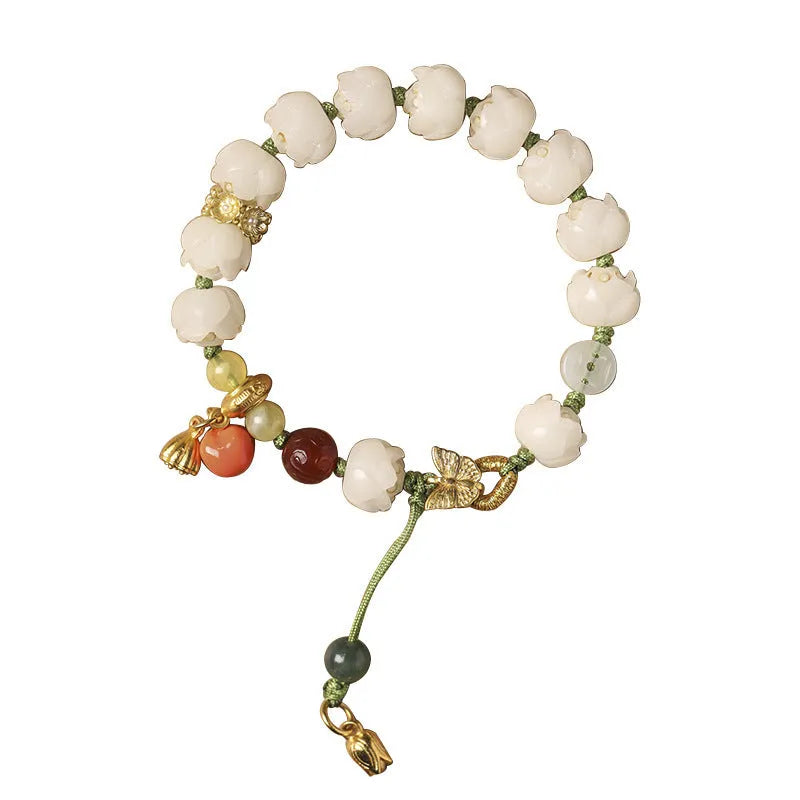 Hand-woven white jade Bodhi bracelet with lucky persimmon charm and three bead sizes on open rope