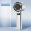 Handheld fan with 120 speed settings showing white colour option and USB charging port