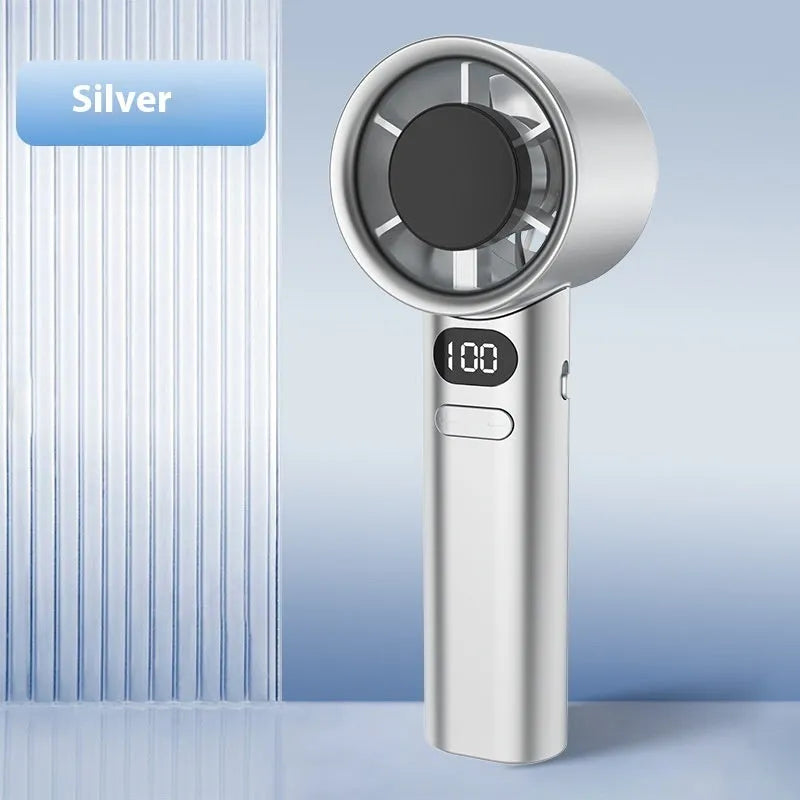Handheld fan with 120 speed settings showing white colour option and USB charging port