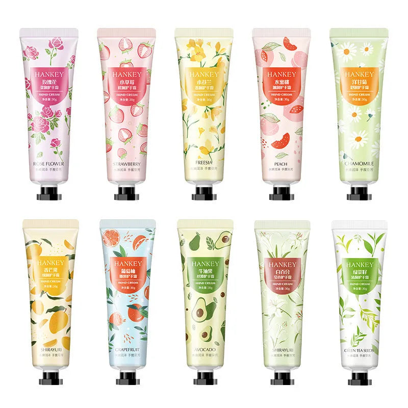 30g tube of fruit-scented hand cream shown with avocado, rose, and strawberry variant labels.