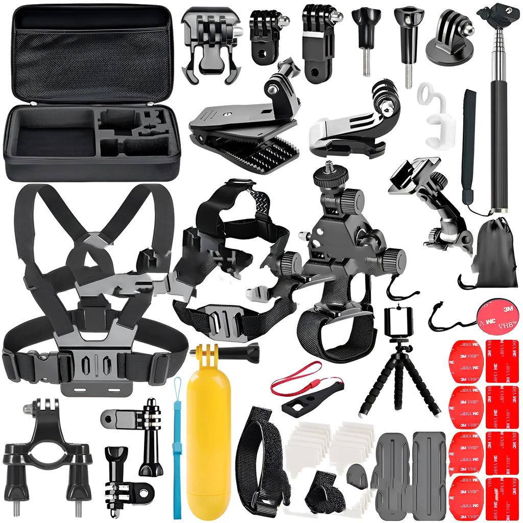 Black GoPro accessories set showing chest strap, helmet mount and tripod for action cameras