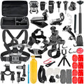 Black GoPro accessories set showing chest strap, helmet mount and tripod for action cameras