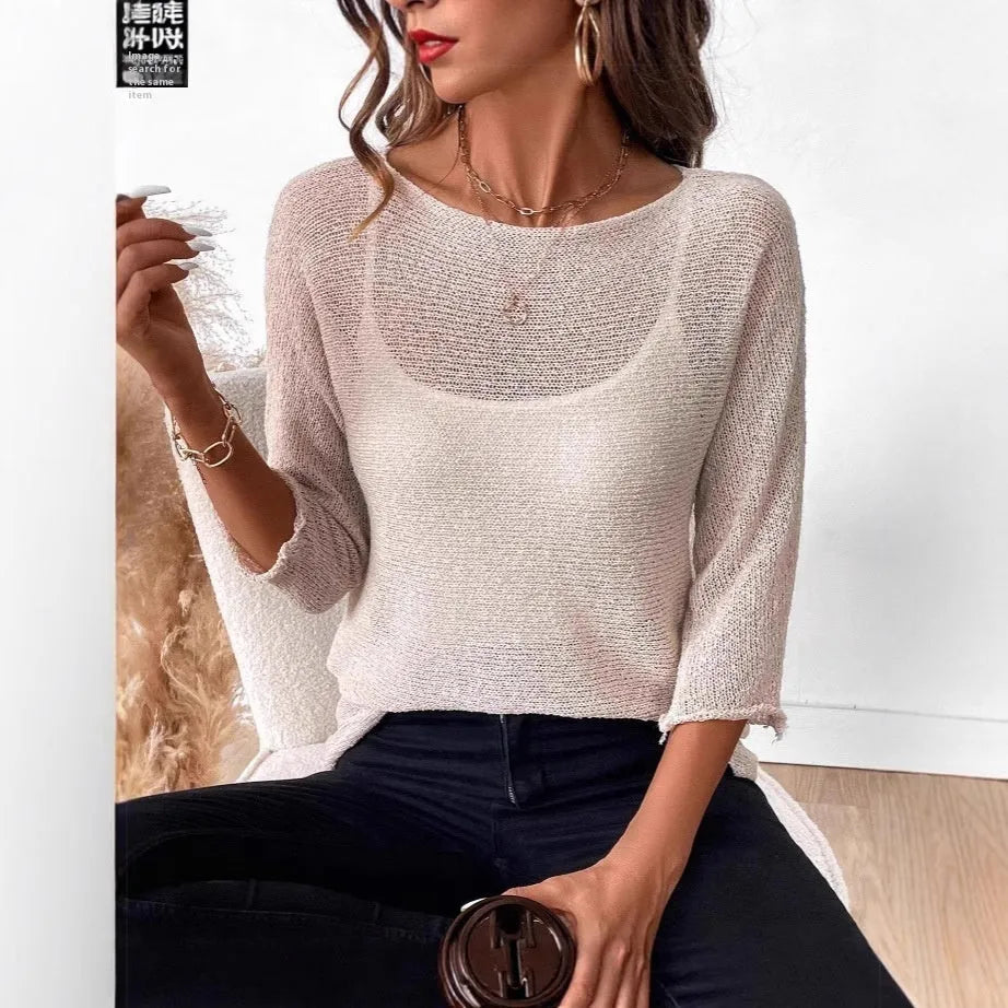 Women's knitted off-shoulder top with 3D pattern and 3/4 sleeves in matcha green colour