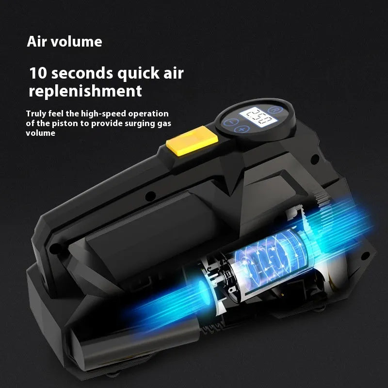 Black portable electric tyre inflator with digital display showing pressure reading, connected to car tyre valve