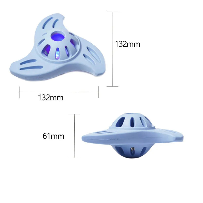 Blue boomerang-shaped dog toy with molar texture, measuring 132mm