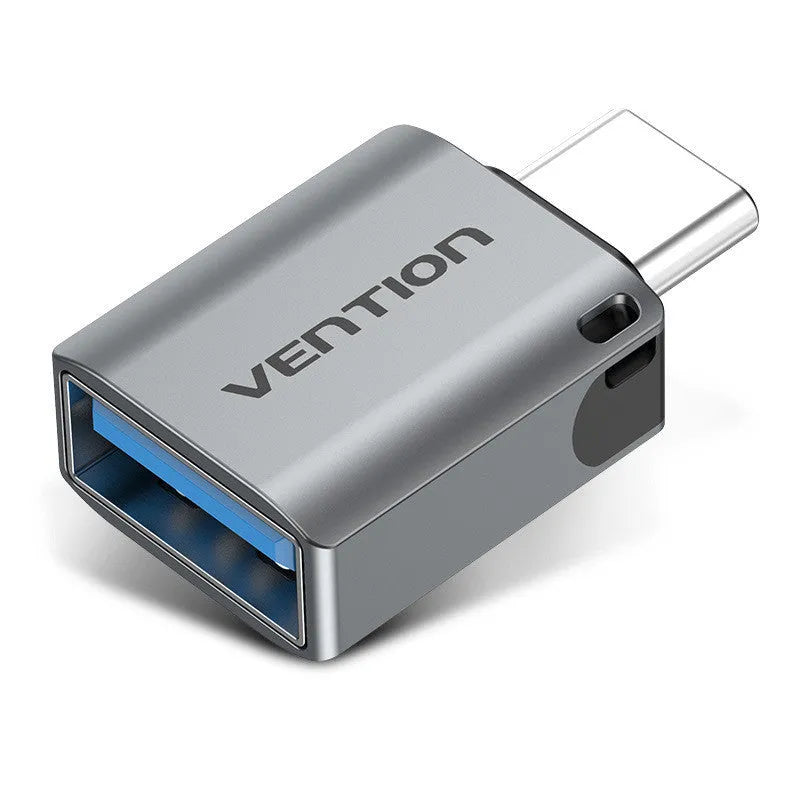 Grey aluminium alloy USB 3.0 C Male to A Female OTG adapter with attached lanyard
