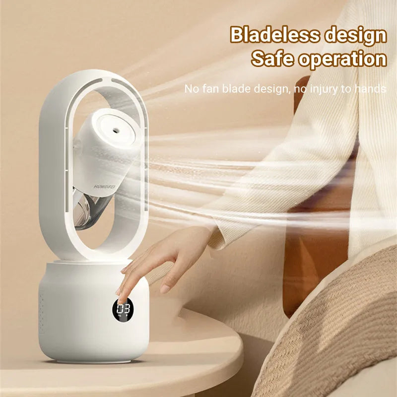 White bladeless USB rechargeable table fan with humidifier tank and control display