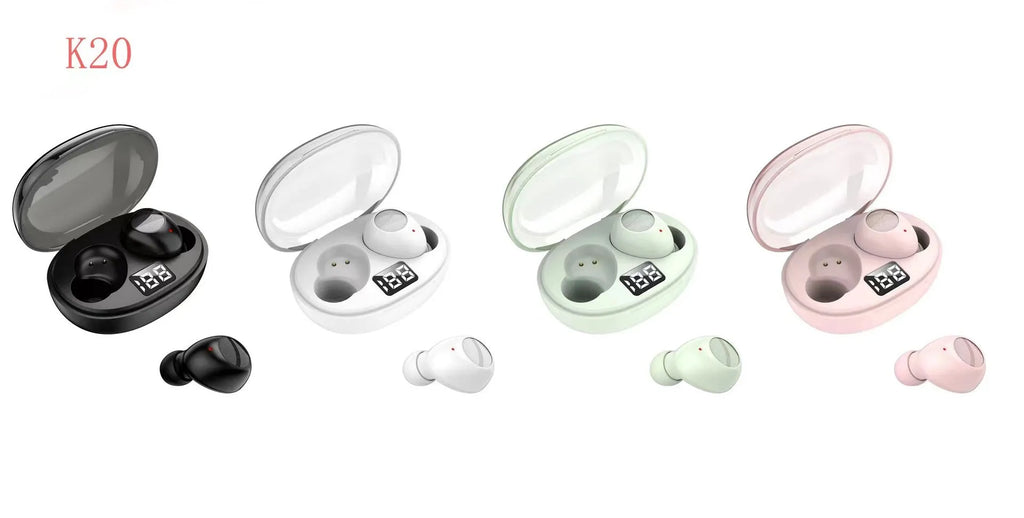 Black wireless Bluetooth TWS earphones with touch controls on a white background