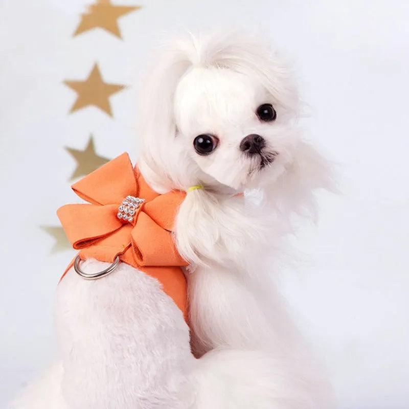 Pink bowknot puppy chest strap made of microfiber, adjustable for small dogs