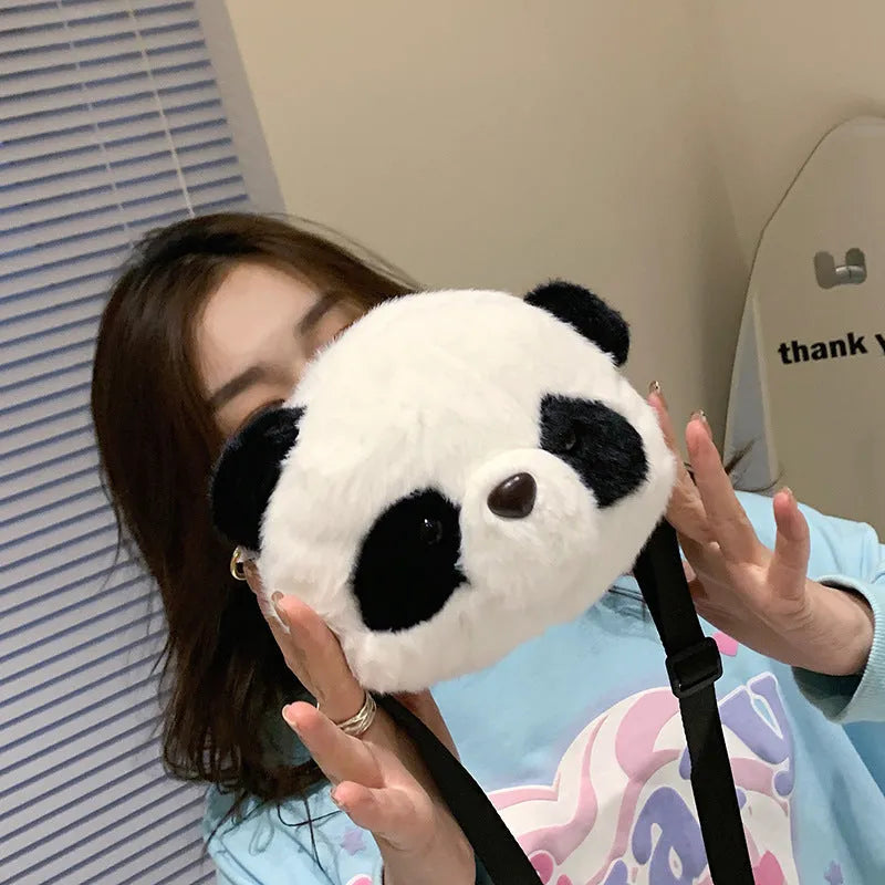 Cylindrical crossbody bag with panda head design, plush material, dimensions 18x15x8cm