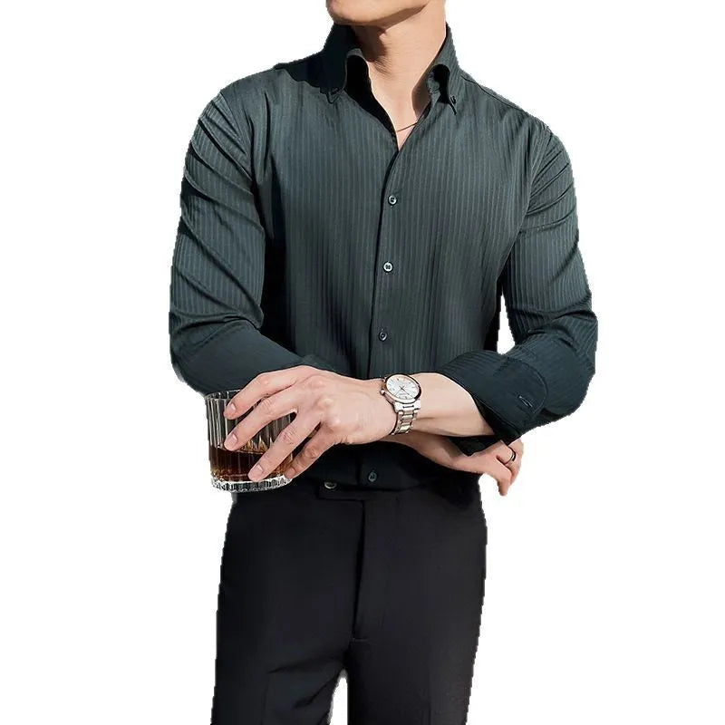 Men's dark stripes V-neck long sleeve shirt in chemical fibre blend, available in black, white, brown, green, sizes M to 4XL