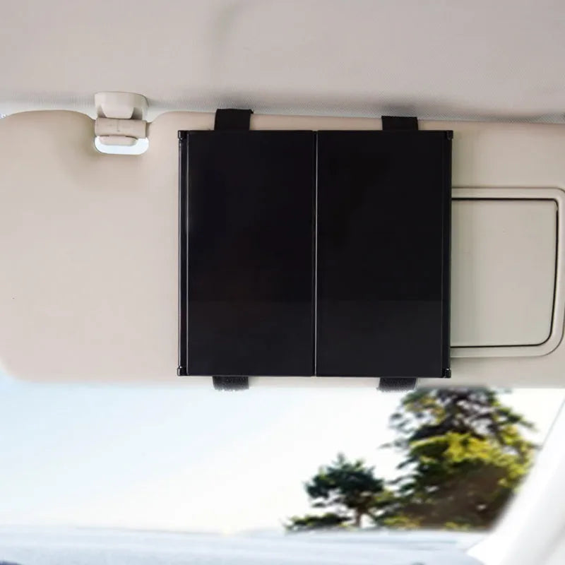 Silver car folding makeup mirror showing 15.5*14cm closed size and 30.5*14cm open dimensions