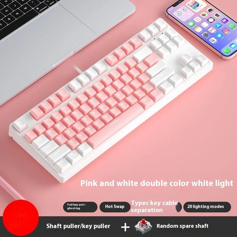 87-key wired mechanical keyboard with two-tone keycaps and metal frame, showing compact design and included tools