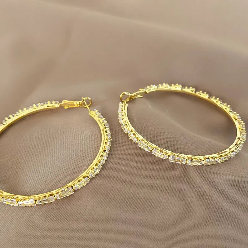 Gold-plated copper big circle hoop earrings with rhinestone inlay and 925 silver needles