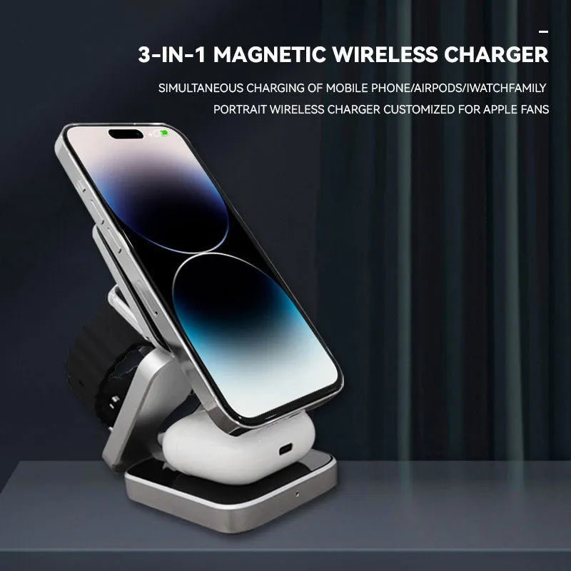 Folding wireless charging bracket with magnetic ring for Apple, Samsung, and Google Pixel Watch devices