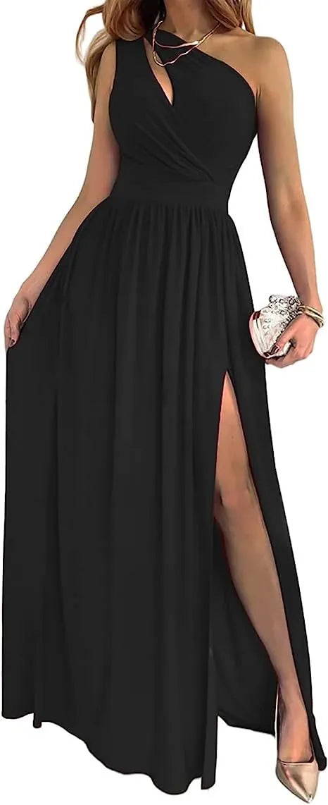 Women's one shoulder sleeveless maxi dress with high split and cutout detail in soft fabric.