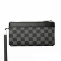 Black men's leather plaid clutch wallet showing 20cm by 10cm dimensions and cowhide texture