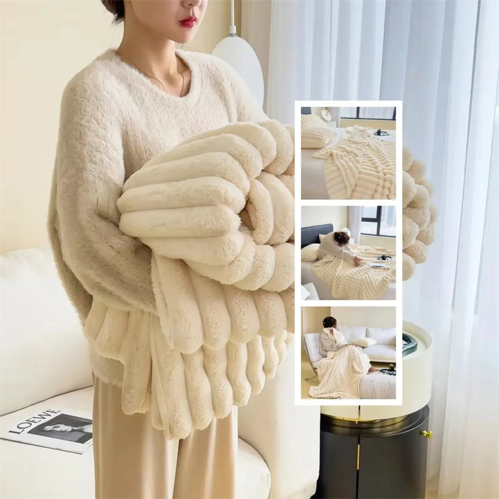 Solid colour double-sided thickening bubble faux rabbit fur velvet blanket draped over a sofa.