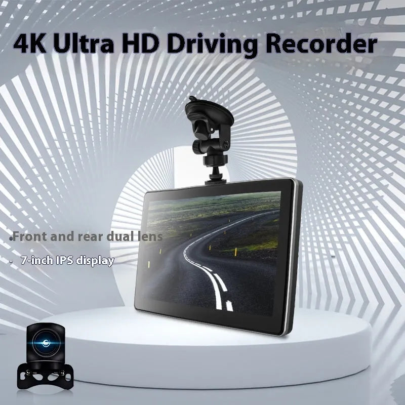 Black 7-inch wireless CarPlay projection camera and dash cam with touch screen for dashboard mounting.