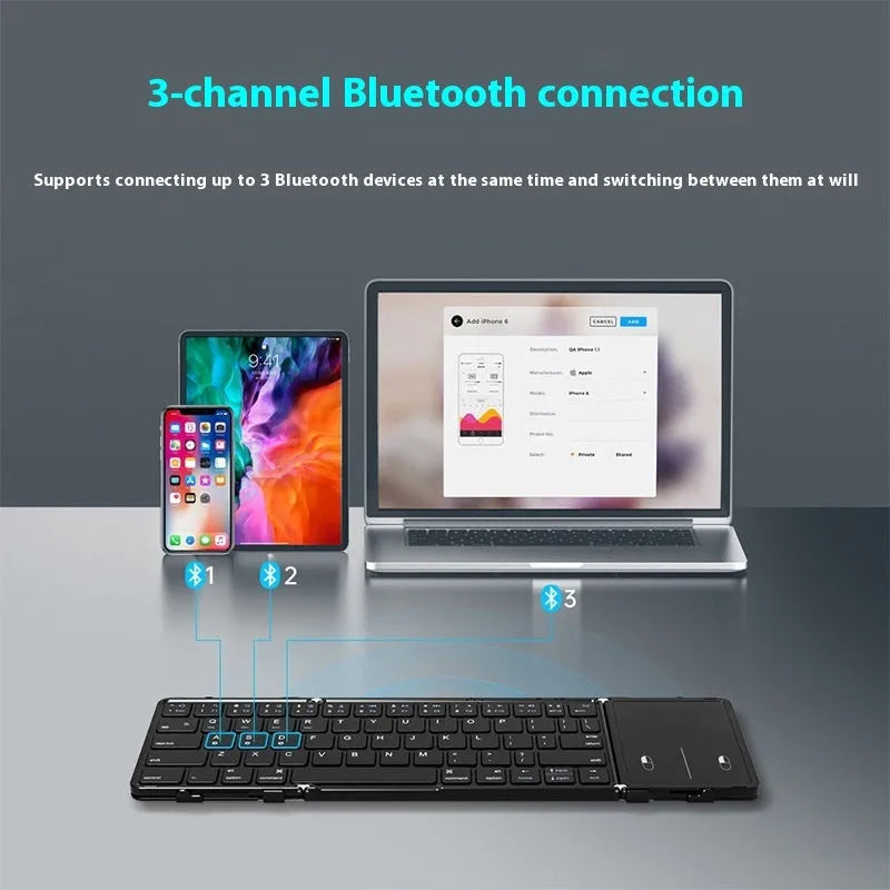 Black folding Bluetooth keyboard for tablets showing touchpad variant with compact folded dimensions