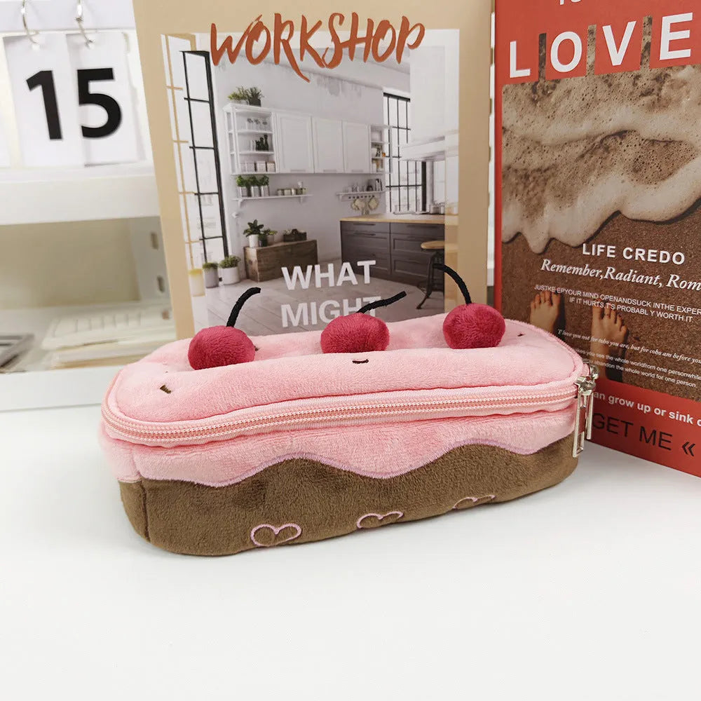 Cherry Cake Plush Pencil Bag in velvet with Korean style design and included pen case