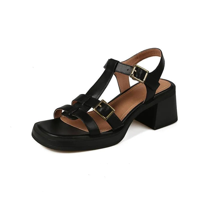 Women's black platform heel sandals with T-buckle ankle strap and open square toe design