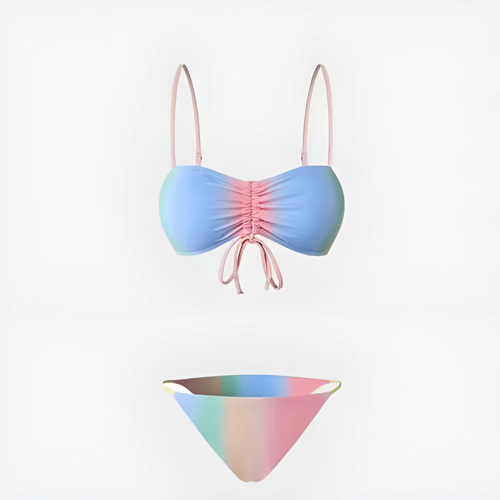 Women's lace-up triangle bikini top and matching bottoms in colour-matching polyester swimwear.