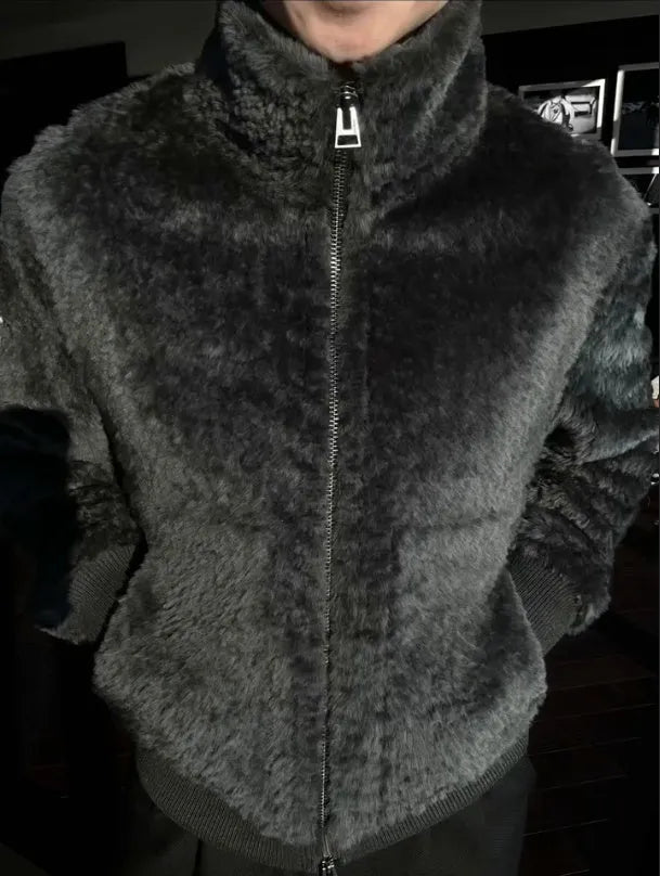 Men's black plush zipper jacket with full zip and long sleeves for autumn and winter, sizes S to 3XL