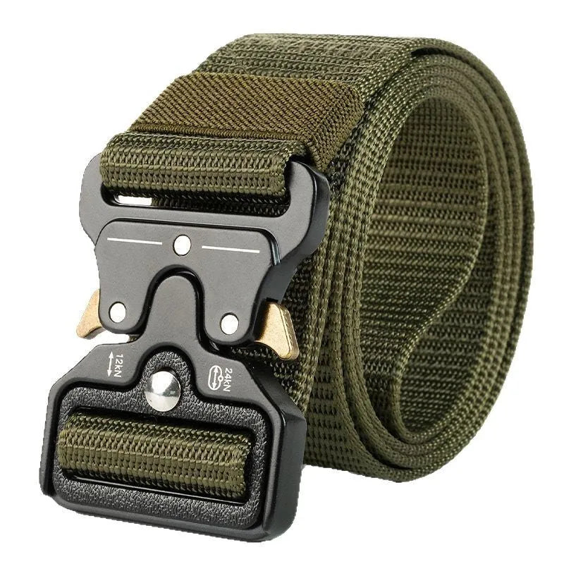 Men's canvas tactical belt showing alloy release buckle and textured 2-4cm width material in Army Green colour