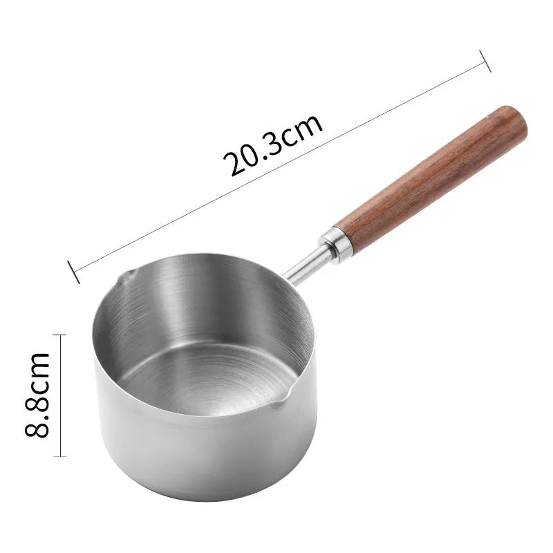 304 stainless steel dog food scoop with wooden handle and measuring cup design for dry pet food, small and large sizes available.