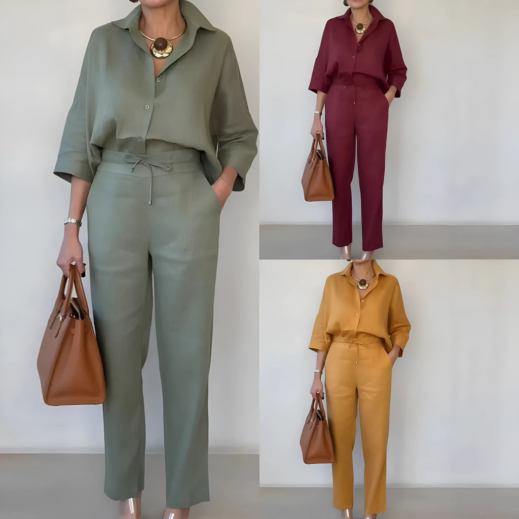 Women's two-piece polo collar shirt and trousers set in solid army green, wine red or orange, sizes S to 3XL