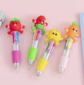 Cartoon-themed four-colour press ballpoint pen showing press mechanism and 0.7mm tip with themed design options