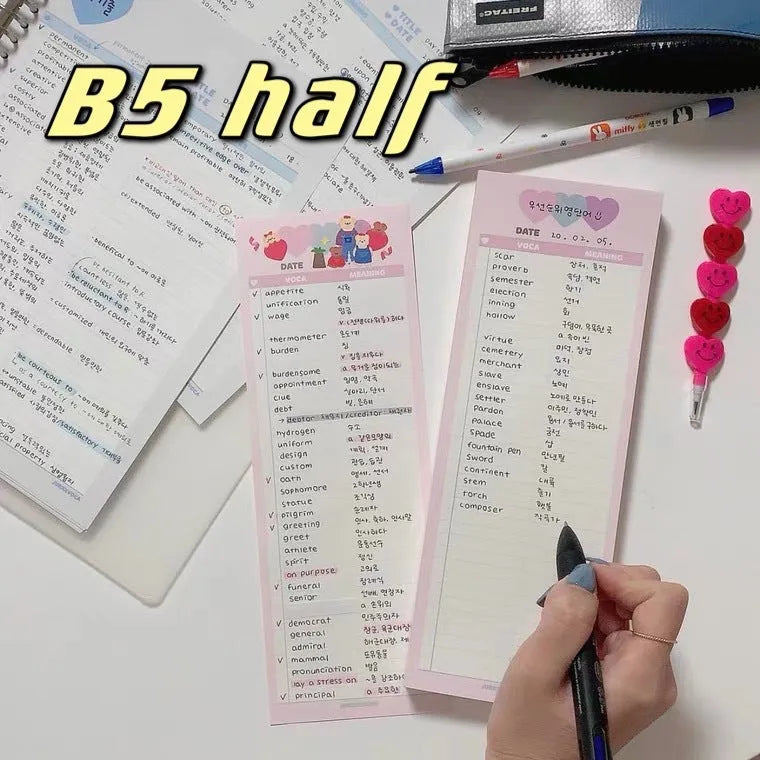 B5 half notepad with double-sided printing in blue cover, showing 9.1 x 25.7cm size and 30 sheets