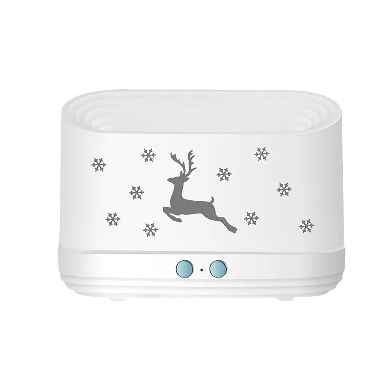 White round humidifier diffuser with glowing flame effect light and USB cable