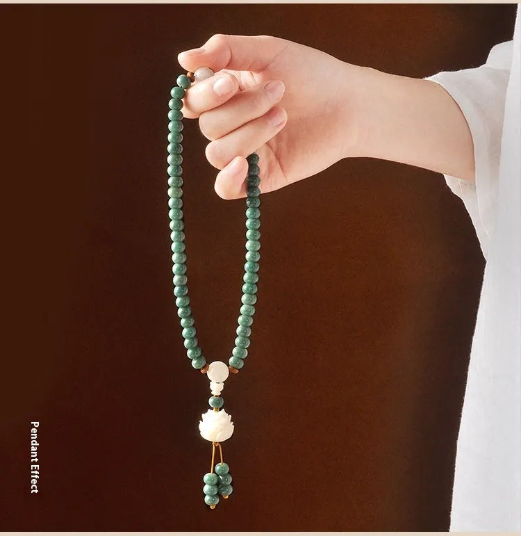 Natural white jade green sandalwood Bodhi seed bracelet with double-ring lotus design and safety clasp