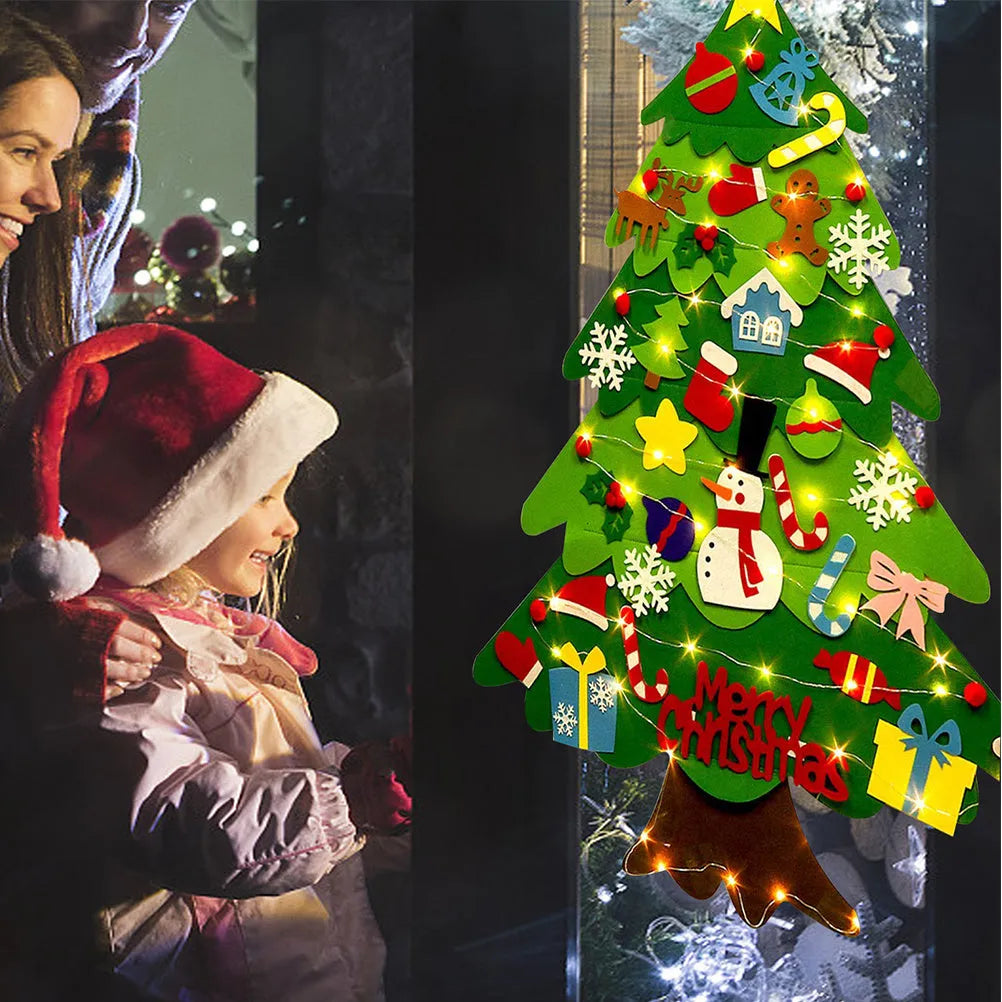Green DIY felt Christmas tree with fairy-tale lights mounted on wall with decorative ornaments