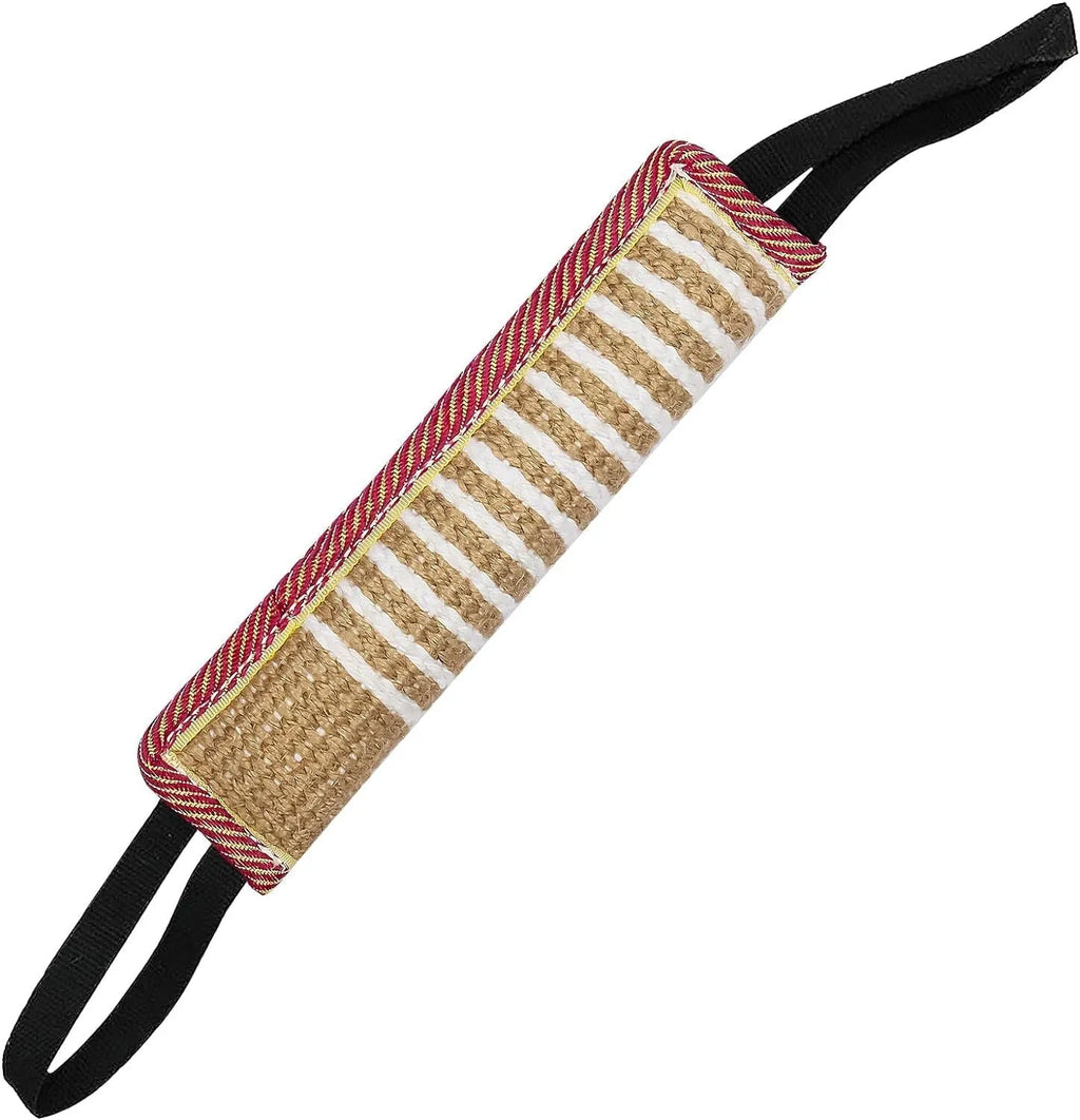 Beige dog tug toy with jute biting sleeve and two handles, measuring 30cm in length