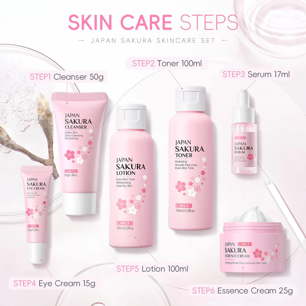Cherry Blossom 6-piece skincare set showing cleanser, toner, moisturiser, essence, eye cream and essence cream