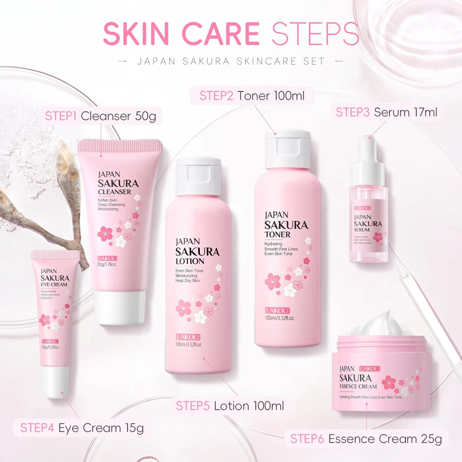 Cherry Blossom 6-piece skincare set showing cleanser, toner, moisturiser, essence, eye cream and essence cream