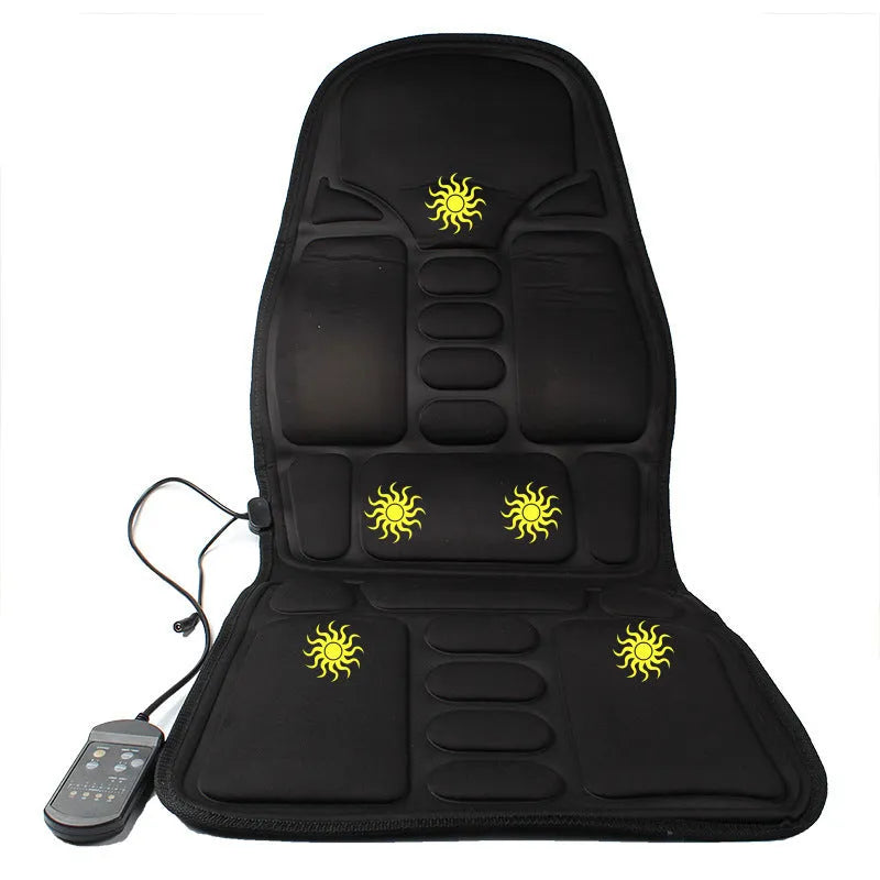 Black heating massage mat with infrared physiotherapy function and continuously variable speed control on seat cushion
