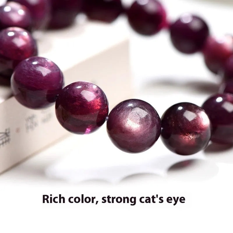 Purple lepidolite crystal bead bracelet with polished round beads in natural colour, showing size options from 6mm to 15mm diameters