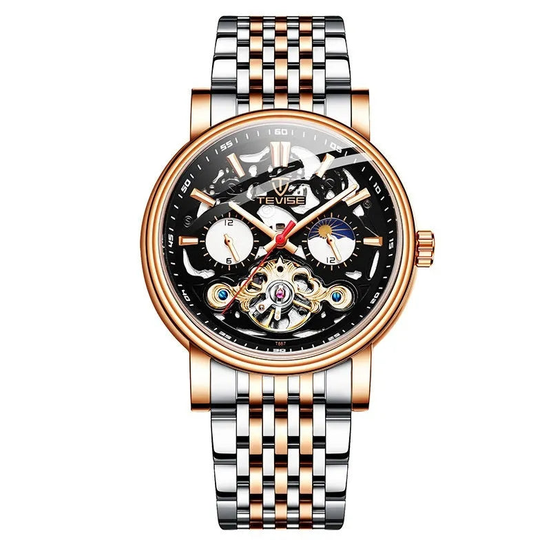Fashion Tourbillon Waterproof Luminous Mechanical Watch in T867-Rose Black with 16.5mm thickness and luminous hands