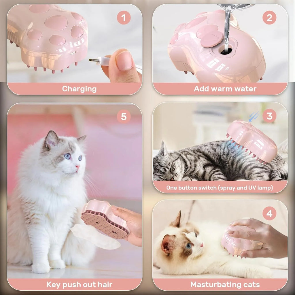 Blue self-cleaning cat steam brush with silicone heads and release button for pet grooming
