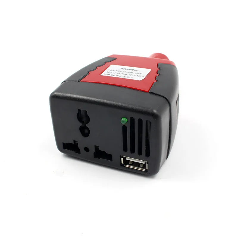 Black and red 150W car power inverter with AC and USB outputs for vehicle use