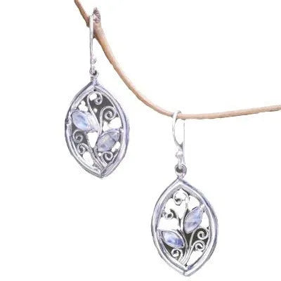 Women's silver leaf earrings with colourful moonstone accents and alloy construction