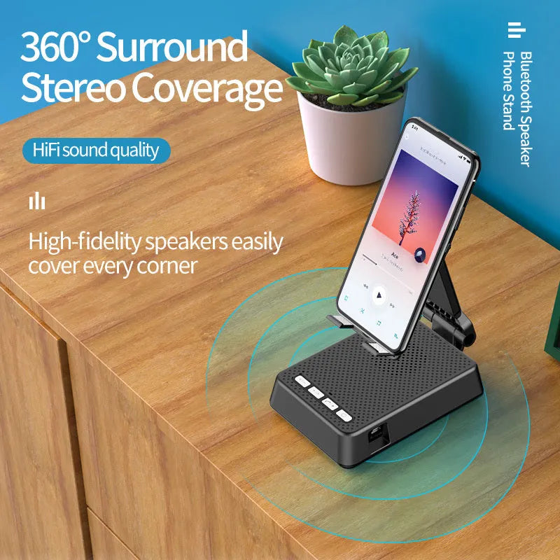 Black mobile phone stand with Bluetooth speaker on desk showing 135cm height and USB charging port
