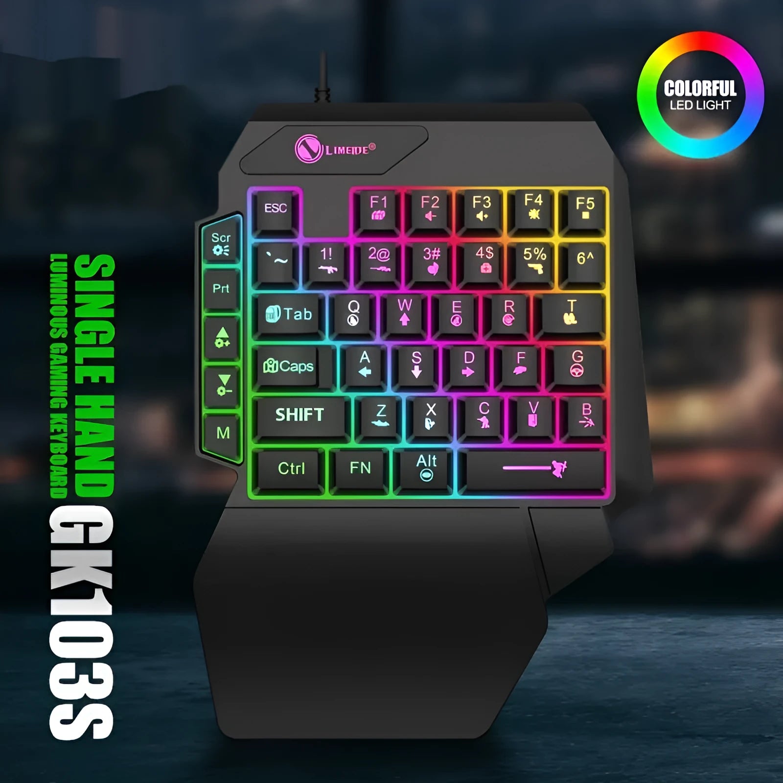 GK103S blue backlit one-handed mechanical gaming keyboard with mouse converter on gaming desk